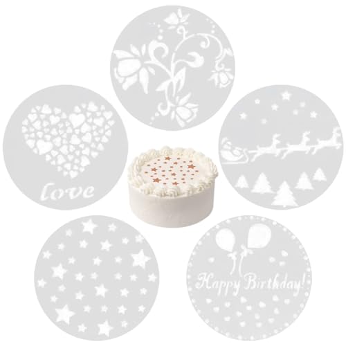 Mecmbj Kuchendekoschablonen Set, 5PCS Kuchen Blumenspray Schablonen, alles Gute zum Geburtstag, Liebesmuster, verwendet für DIY Zuckerpulver Sieb Gebäck Spray Backwerkzeuge (Größe: 24 * 24cm) von Mecmbj