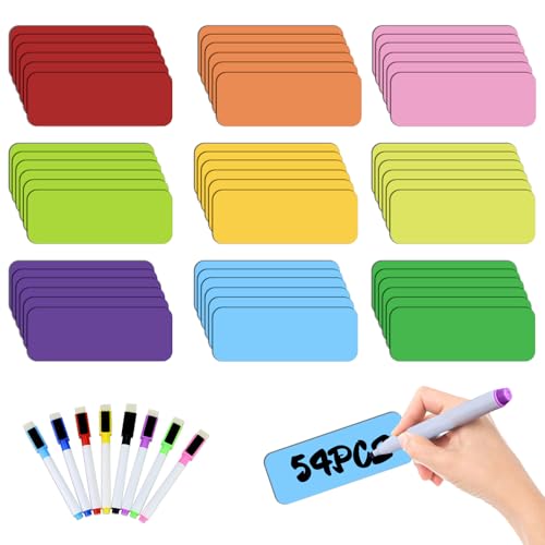 Mecmbj Magnetstreifen Beschreibbar, 54 Stück Magnetschilder zum Beschriften, 8x3cm, mit 8 Löschbaren Stiften, Abwischbare Magnete zum Beschriften für Whiteboards, Kühlschränke, Magnettafeln(9 Farben) von Mecmbj