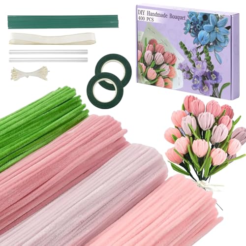 Mecmbj Pfeifenputzer Zum Basteln, Rosa Tulip Bouquet Pfeifenreiniger Set, 400 Stück Pfeifenreiniger Zum Basteln Blumen, Mit Bastelfaden, Geschenkband, Kleabeband, Blumen DIY Pipe Cleaner Dekoration von Mecmbj
