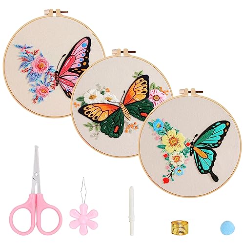 Mecmbj Stickset Embroidery Kit für Anfänger Erwachsene,Stickrahmen Stickerei Set Anfänger,mit Schmetterlingsmuster,inklusive gestempeltem Stoff,farbigen Fäden,Nadeln,Werkzeugen und Anleitung（3 Sets） von Mecmbj