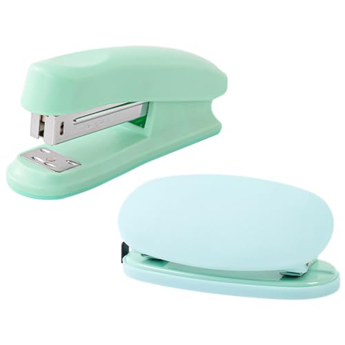 Mecmbj Locher Tacker Set, Tacker Büro, 2 Stück Bürohefter Ohne Heftklammern, Kapazität 20 Blatt, Tragbares Kleines Heftgerät und Locher Set für Büros, Klassenzimmer, Arbeitszimmer (Mintgrün) von Mecmbj