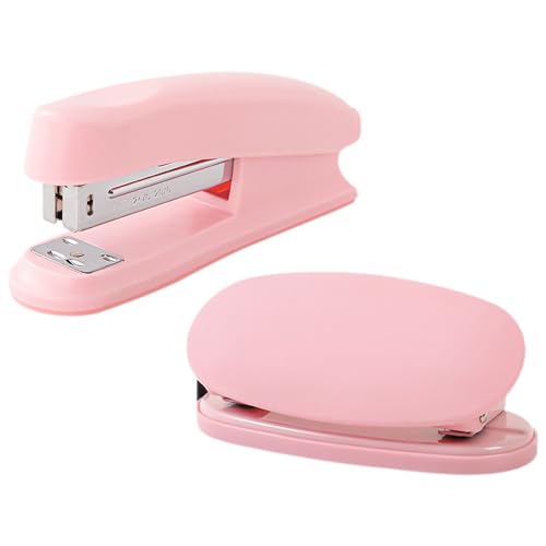Mecmbj Locher Tacker Set, Tacker Büro, 2 Stück Bürohefter Ohne Heftklammern, Kapazität 20 Blatt, Tragbares Kleines Heftgerät und Locher Set für Büros, Klassenzimmer, Arbeitszimmer (Rosa) von Mecmbj