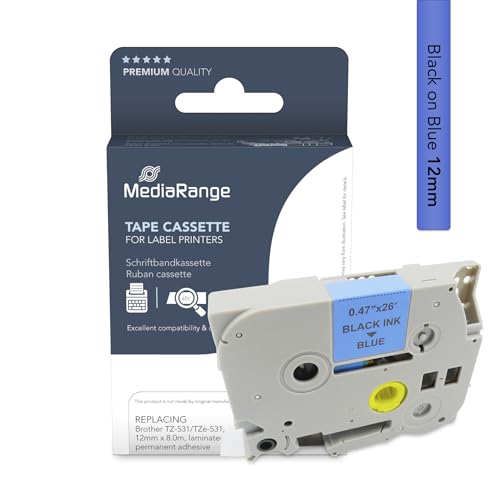 MediaRange Kunststoff-Schriftbandkassette, ersetzt Brother TZ-531/TZe-531, permanent haftend, 12mm, 8m, laminiert, schwarz auf blau von MediaRange