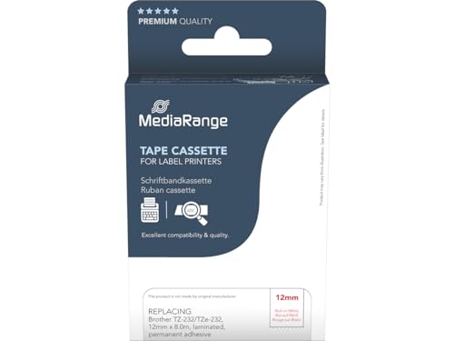 MediaRange Kunststoff-Schriftbandkassette, für/ersetzt Brother® TZ-232/TZe-232, permanent haftend, 12mm, 8m, laminiert, rot auf weiß von MediaRange