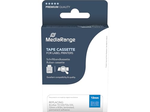 MediaRange Kunststoff-Schriftbandkassette, für/ersetzt Brother® TZ-535/TZe-535, permanent haftend, 12mm, 8m, laminiert, weiß auf blau von MediaRange