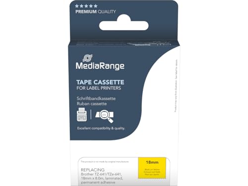 MediaRange Kunststoff-Schriftbandkassette, für/ersetzt Brother® TZ-641/TZe-641, permanent haftend, 18mm, 8m, laminiert, schwarz auf gelb von MediaRange