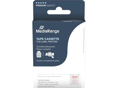 MediaRange Kunststoff-Schriftbandkassette, für/ersetzt Brother TZ-132/TZe-132, permanent haftend, 12mm, 8m, laminiert, rot auf transparent von MediaRange