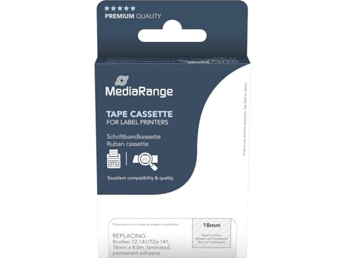 MediaRange Kunststoff-Schriftbandkassette, für/ersetzt Brother TZ-141/TZe-141, permanent haftend, 18mm, 8m, laminiert, schwarz auf transparent von MediaRange