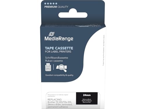 MediaRange Kunststoff-Schriftbandkassette, für/ersetzt Brother TZ-355/TZe-355, permanent haftend, 24mm, 8m, laminiert, weiß auf schwarz von MediaRange