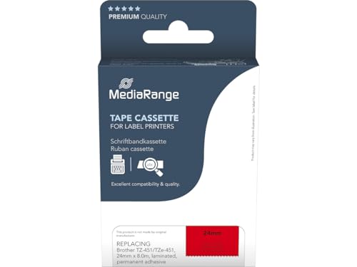 MediaRange Kunststoff-Schriftbandkassette, für/ersetzt Brother TZ-451/TZe-451, permanent haftend, 24mm, 8m, laminiert, schwarz auf rot von MediaRange