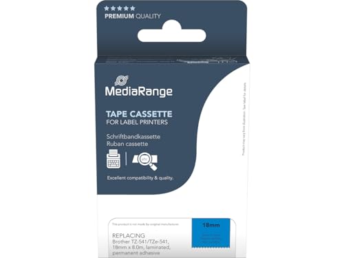 MediaRange Kunststoff-Schriftbandkassette, für/ersetzt Brother TZ-541/TZe-541, permanent haftend, 18mm, 8m, laminiert, schwarz auf blau von MediaRange
