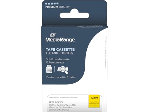 MediaRange Kunststoff-Schriftbandkassette, für/ersetzt Brother TZ-631S/TZe-631S, permanent haftend, 12mm, 4m, laminiert, schwarz auf gelb von MediaRange