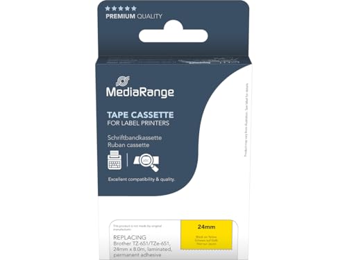 MediaRange Kunststoff-Schriftbandkassette, für/ersetzt Brother TZ-651/TZe-651, permanent haftend, 24mm, 8m, laminiert, schwarz auf gelb von MediaRange