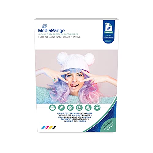 MediaRange 210 x 297mm Fotopapier für Tintenstrahldrucker, hochglänzend, 220g, 100 Blatt von MediaRange