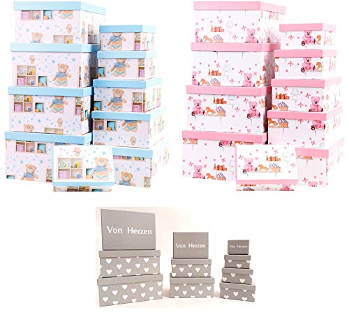 Geschenkbox Aufbewahrungsbox Kartenkarton mit Deckel - Gute Qualität Pappe Eckig - 10er Set in absteigender Größe - (Teddybär in Blau) von Mediablue