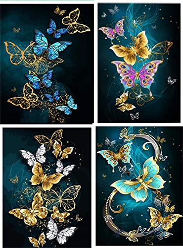 Meecaa Diamond Painting Set Full Bilder 4-teiliges Set goldener Schmetterling farbige Blumen, 5D Diamant Painting Diamant Malerei mit Zubehör 30x40cm (Schmetterling und Blume) von Meecaa