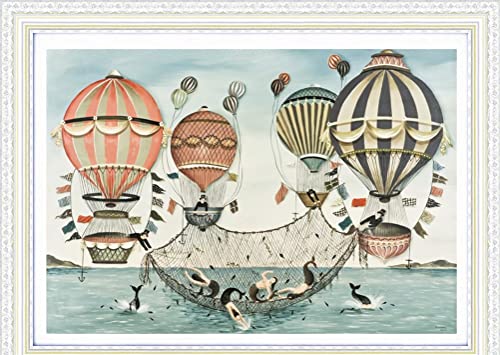 Meecaa Kreuzstich-Set, 11-fädig, geprägt, Heißluftballon-Himmel, Meerjungfrauen-Netz-Stickset mit Zubehör, vorgedruckt (40 x 50 cm) (Heißluftballon) von Meecaa