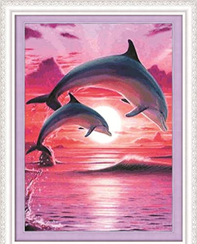 Kreuzstich-Set, 11-fädig, gestempelt, Meecaa rosa Delfin, Meerestier-Stickerei-Set mit Zubehör, vorgedruckt (40 cm x 50 cm) (Delphin) von Meecaa