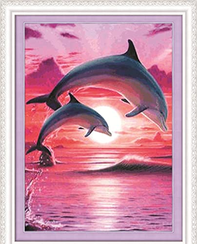 Kreuzstich-Set, 11-fädig, gestempelt, Meecaa rosa Delfin, Meerestier-Stickerei-Set mit Zubehör, vorgedruckt (40 cm x 50 cm) (Delphin) von Meecaa