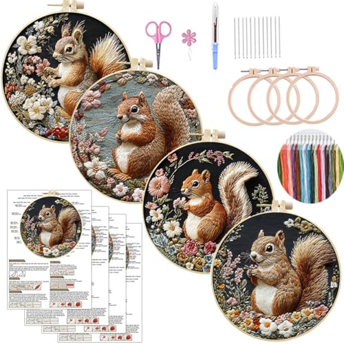 Meecaa 4P Stickerei Kit Starter Set, Eichhörnchen Blume Tier Handstickerei Set, Muster gedruckt Kreuzstich Set für Anfänger Erwachsene, mit Stickrahmen und Anleitung (Eichhörnchen) von Meecaa