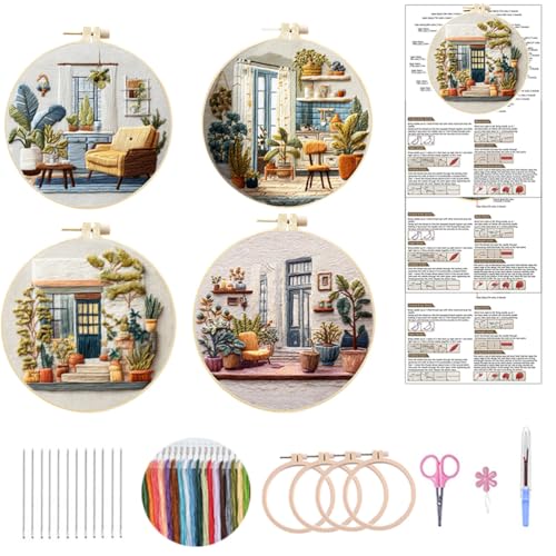 Meecaa 4P Stickerei Kit Starter Set, Wohnmöbel Sofa Grüne Pflanze Handstickerei Set, Muster Gedruckt Kreuzstich Set für Anfänger Erwachsene, mit Stickrahmen und Anleitung (Zuhause) von Meecaa