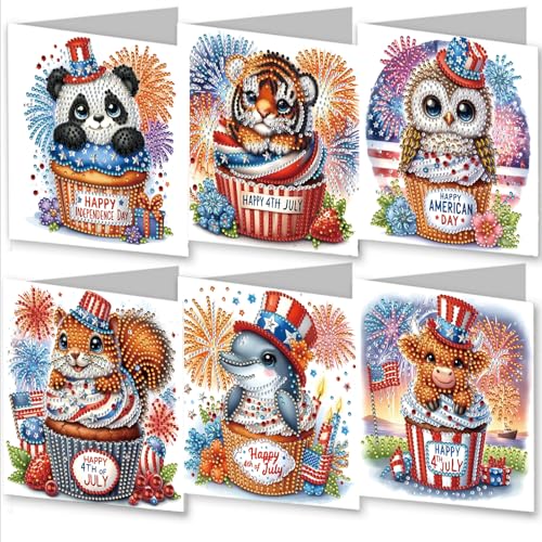 Meecaa 6 Stück DIY Diamant Kunst Weihnachtskarten Kits Eule Tier Panda Löwe Tiger 5D Crystal Art Karte mit Umschlag, handgefertigte Postkarten, Diamond Painting Cards Sets, 15 * 30 cm (Vogel) von Meecaa