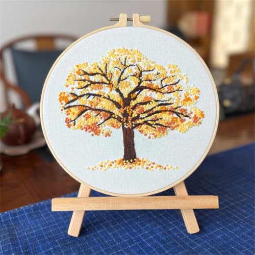 Meecaa Goldener Baum Blätter Herbst Stickset Starter-Set, Handstickerei-Set, Muster gedruckt Kreuzstich-Set für Anfänger Erwachsene, mit Stickrahmen und Anleitung (Goldener Baum) von Meecaa