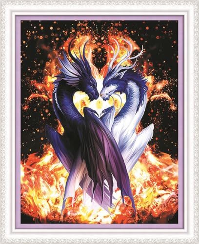 Meecaa Kreuzstich-Set, 11-fädig, geprägt, Drache, Anime, Feuerpaar, Stickset mit Zubehör, vorgedruckt (40 x 50 cm) (Drache) von Meecaa