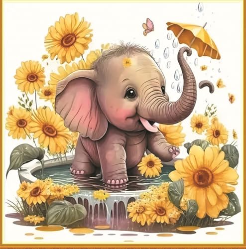 Meecaa Kreuzstich-Set, 11-fädig, geprägt, Elefant, Blume, Sonnenblume, Tier-Stickset mit Zubehör, vorgedruckt (36 x 36 cm) (Elefant) von Meecaa