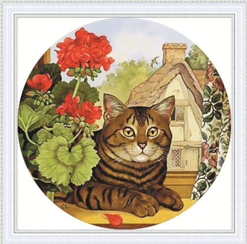 Meecaa Kreuzstich-Set, 11-fädig, geprägt, Katze, Blume, Tier-Stickset mit Zubehör, vorgedruckt (48 x 48 cm) (Katze) von Meecaa