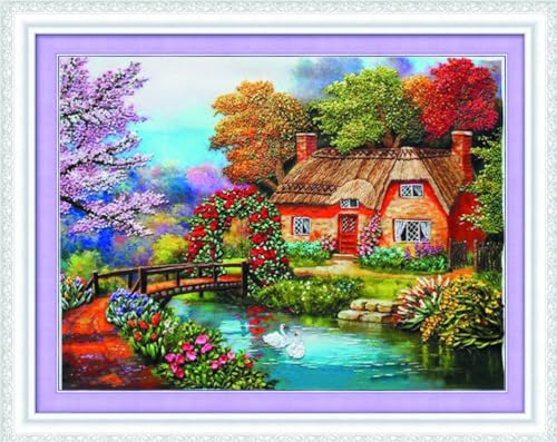 Meecaa Kreuzstich-Set, 11-fädig, geprägt, Landschaft, See, Schwan, Blume, Baum, Stickset mit Zubehör, vorgedruckt (40 x 50 cm) (Querformat) von Meecaa