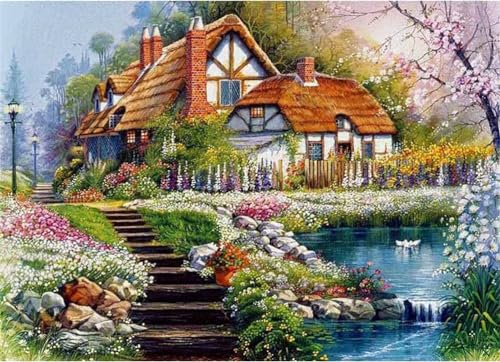 Meecaa Kreuzstich-Set, 11-fädig, Landschaft, See, Entenhaus, Villa, Stickset mit Zubehör, vorgedruckt (36 x 46 cm) (Querformat 2) von Meecaa