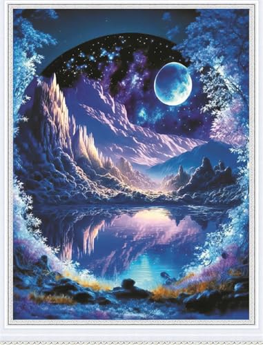 Meecaa Kreuzstich-Set, 11-fädig, geprägt, Landschaftsreflexion, Mondsee, Stickset mit Zubehör, vorgedruckt (36 x 46 cm) (Querformat) von Meecaa