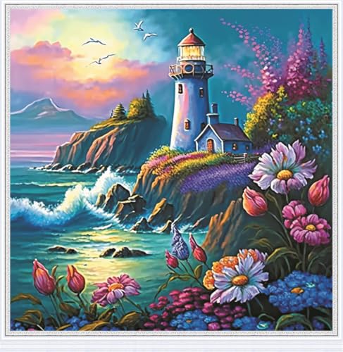 Meecaa Kreuzstich-Set, 11-fädig, geprägt, Leuchtturm, Landschaft, Blume, Seevogel, Stickset mit Zubehör, vorgedruckt (36 x 36 cm) (Leuchtturm) von Meecaa