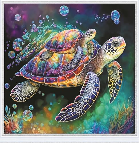Meecaa Kreuzstich-Set, 11-fädig, geprägt, Schildkröte, Tiere, Meer, Stickset mit Zubehör, vorgedruckt (36 x 36 cm) (Schildkröte) von Meecaa