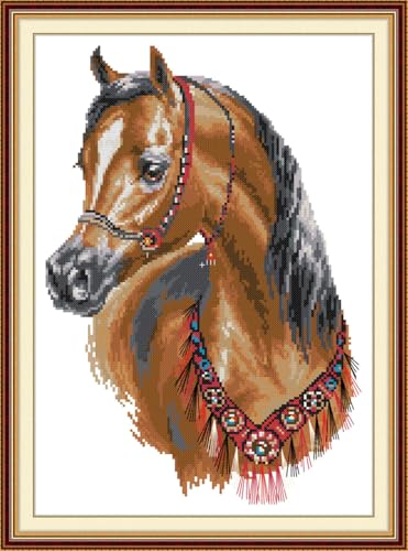 Meecaa Kreuzstich-Set, 14-fädig, geprägt, Pferde-Tier-Stickset mit Zubehör, vorgedruckt (32 x 43 cm) (Pferd) von Meecaa