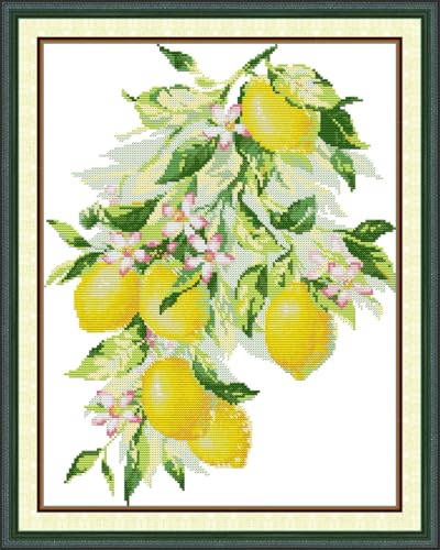 Meecaa Kreuzstich-Set, 14-fädig, geprägt, Zitronenblüten-Stickset mit Zubehör, vorgedruckt (33 x 41 cm), Zitronengelb von Meecaa