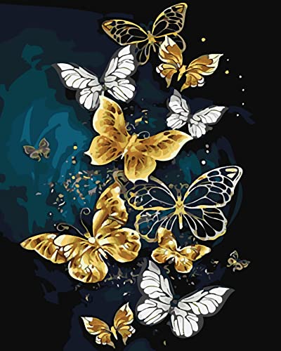 Meecaa Malen nach Zahlen, goldenes Schmetterlings-Blumen-Set für Erwachsene, Anfänger, DIY-Ölgemälde, 40,6 x 50,8 cm (Schmetterling-Blume, ohne Rahmen) von Meecaa