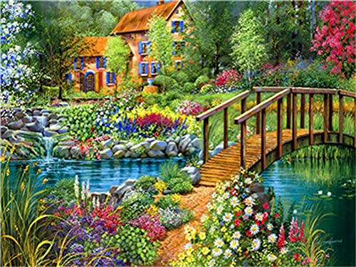 Meecaa Malen nach Zahlen Brücke Blume Wasser Haus Landschaft Kit für Erwachsene Anfänger DIY Ölgemälde 40,6 x 50,8 cm (Landscape, kein Rahmen) von Meecaa