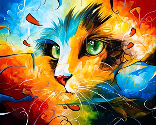 Meecaa Malen nach Zahlen Farbige Katze Tier Abstrakt Kit für Erwachsene Anfänger DIY Ölgemälde 40,6 x 50,8 cm (Farbe Katze, gerahmt) von Meecaa