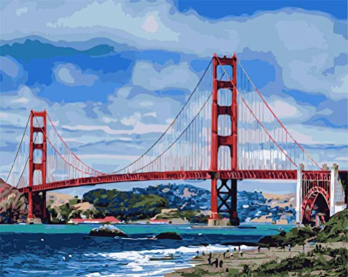 Meecaa Malen nach Zahlen Golden Gate Bridge mit blauem Himmel Kit für Erwachsene Anfänger DIY Ölgemälde 40,6 x 50,8 cm (Brücke, kein Rahmen) von Meecaa