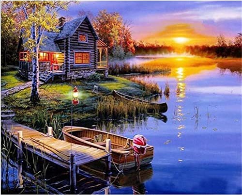 Meecaa Malen nach Zahlen Landschaft Boot Brücke Sonnenuntergang Haus Kit für Erwachsene Anfänger DIY Ölgemälde 40,6 x 50,8 cm (Landschaft, kein Rahmen) von Meecaa