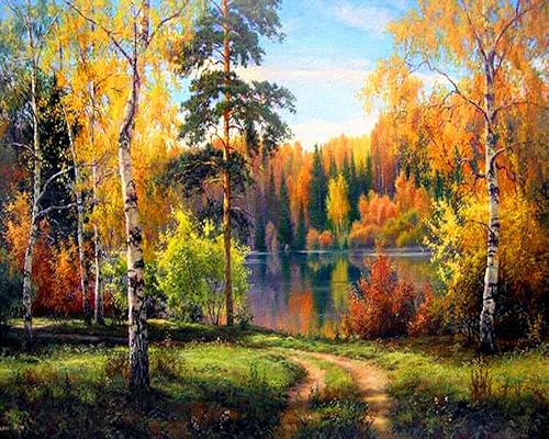 Meecaa Malen nach Zahlen, Landschaft, Wald, Weg, Ahornblätter, See, Herbst, Set für Erwachsene, Anfänger, DIY-Ölgemälde, 40,6 x 50,8 cm (Landschaft, ohne Rahmen) von Meecaa