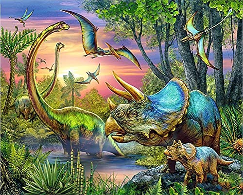 Meecaa Malen nach Zahlen Wald Dinosaurier Tier Kit für Erwachsene Anfänger DIY Ölgemälde 40,6 x 50,8 cm (Dinosaurier, gerahmt) von Meecaa