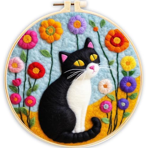 Meecaa Nadelfilz-Set zum Selbermachen für Anfänger, Katze, Blume, Tier, inklusive Wollfilz-Zubehör, Stickrahmen, schöne Wollmalerei und Nadelfilzwerkzeuge (Katze) von Meecaa