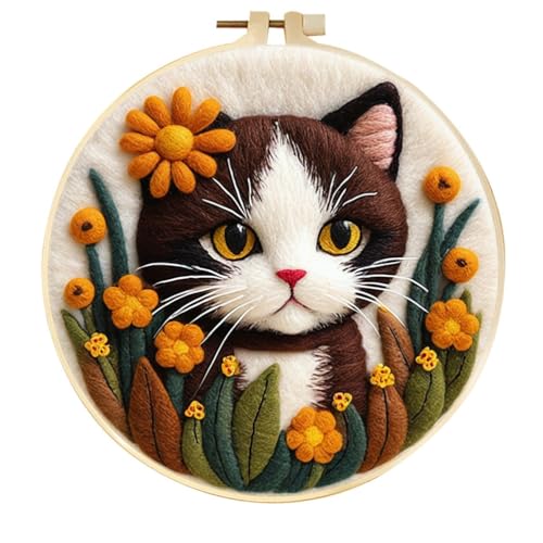 Meecaa Nadelfilz-Set zum Selbermachen für Anfänger, Katze, Blume, Tier, inklusive Wollfilz-Zubehör, Stickrahmen, schöne Wollmalerei und Nadelfilzwerkzeuge (Katze 1) von Meecaa
