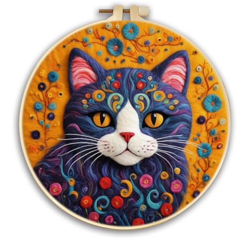 Meecaa Nadelfilz-Set zum Selbermachen für Anfänger, Katze, Blume, Tier, inklusive Wollfilz-Zubehör, Stickrahmen, schöne Wollmalerei und Nadelfilzwerkzeuge (Katze 1) von Meecaa