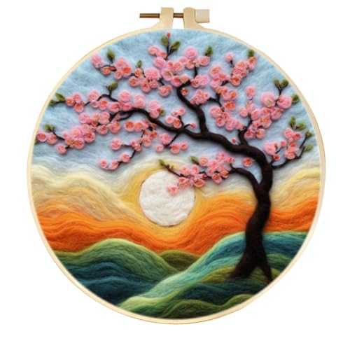 Meecaa Nadelfilz-Set zum Selbermachen für Anfänger, Pfirsichblüte, Sonnenlandschaft, einschließlich Wollfilz-Zubehör, Stickrahmen, schöne Wollmalerei und Nadelfilzwerkzeuge (Pfirsichblüte) von Meecaa
