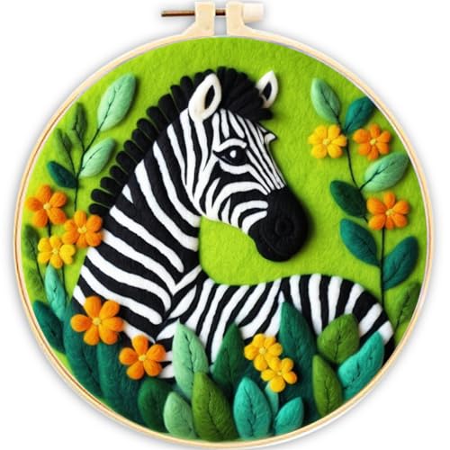 Meecaa Nadelfilz-Set zum Selbermachen für Anfänger, Zebra-Tierblumen, inklusive Wollfilz-Zubehör, Stickrahmen, schöne Wollmalerei und Nadelfilzwerkzeuge (Zebra) von Meecaa