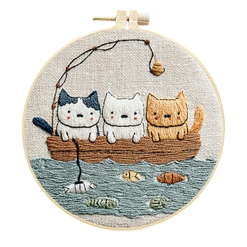 Meecaa Stickerei Kit Starter Set, Angeln Katze Blume Tier Handstickerei Set, Muster Gedruckt Kreuzstich Set für Anfänger Erwachsene, mit Stickrahmen und Anleitung (Angeln 3) von Meecaa